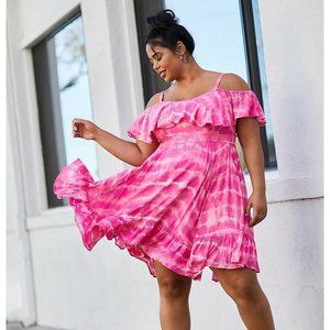Pink Tie-Dye Cold Shoulder Skater Dress Size 2